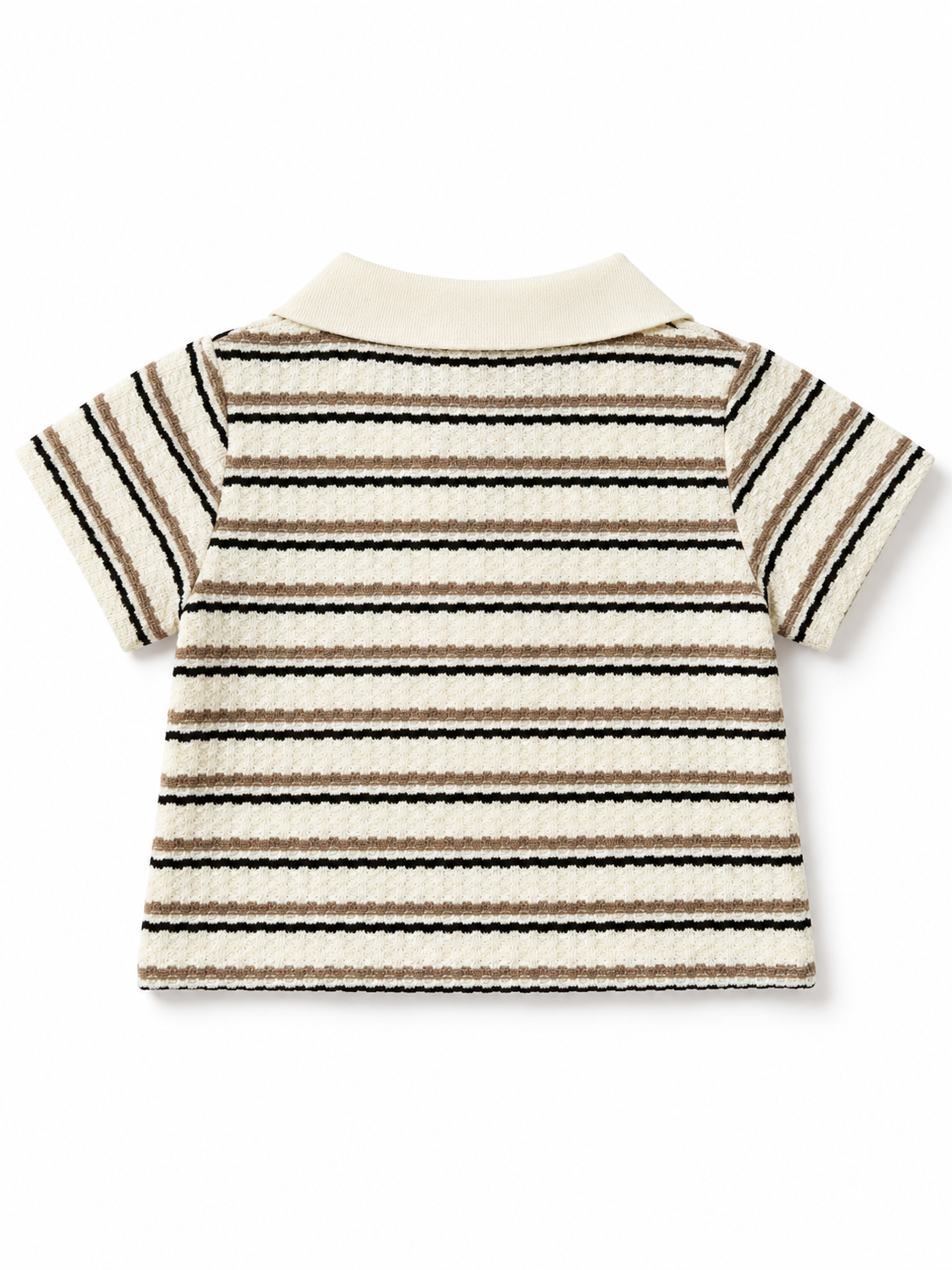 Shop this adorable baby boys’ cream striped polo shirt featuring a textured fabric, classic collar, and black and taupe horizontal stripes. Perfect for everyday wear and casual occasions.
