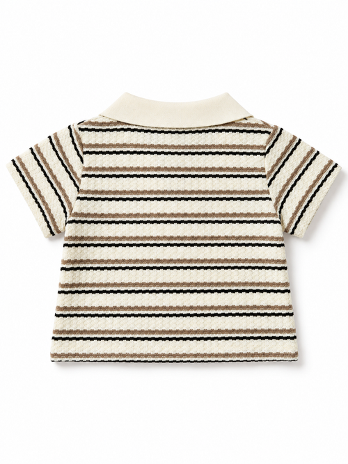 Shop this adorable baby boys’ cream striped polo shirt featuring a textured fabric, classic collar, and black and taupe horizontal stripes. Perfect for everyday wear and casual occasions.