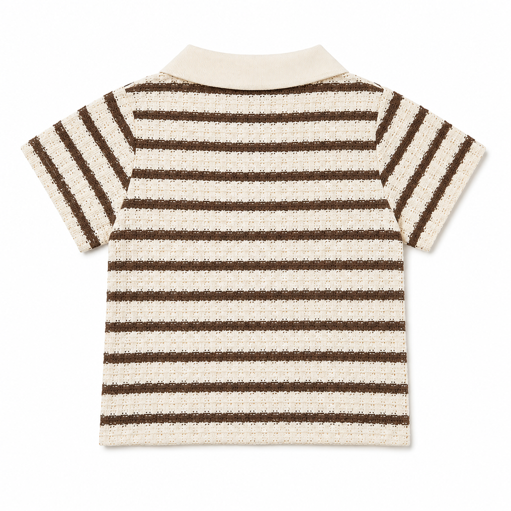 Shop this adorable baby boys’ cream and brown striped polo shirt featuring textured fabric, a classic collar, and short sleeves. Perfect for everyday wear, outings, and casual occasions.