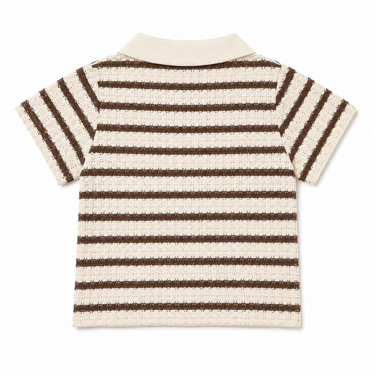 Shop this adorable baby boys’ cream and brown striped polo shirt featuring textured fabric, a classic collar, and short sleeves. Perfect for everyday wear, outings, and casual occasions.