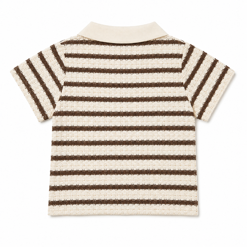 Shop this adorable baby boys’ cream and brown striped polo shirt featuring textured fabric, a classic collar, and short sleeves. Perfect for everyday wear, outings, and casual occasions.