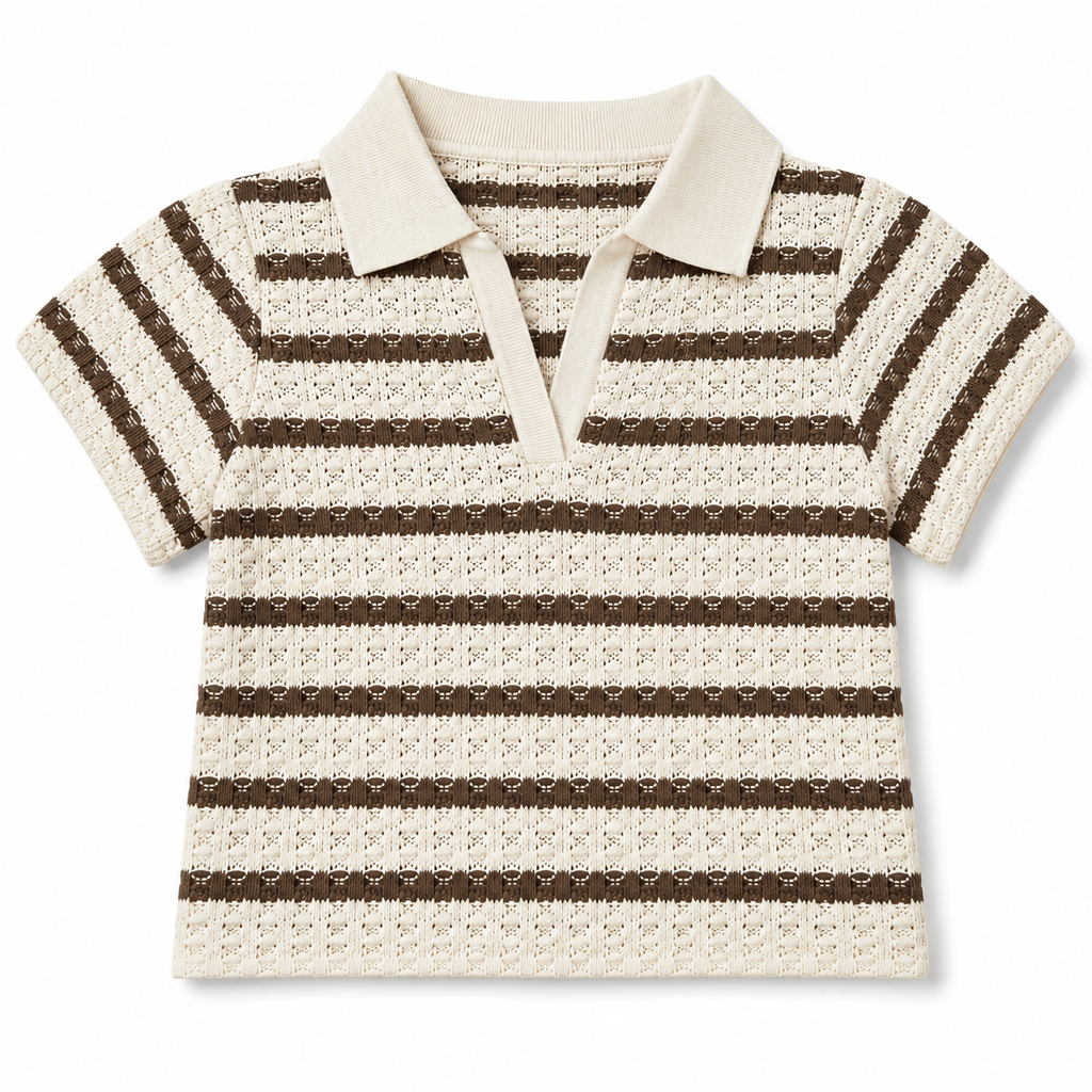 Shop this adorable baby boys’ cream and brown striped polo shirt featuring textured fabric, a classic collar, and short sleeves. Perfect for everyday wear, outings, and casual occasions.
