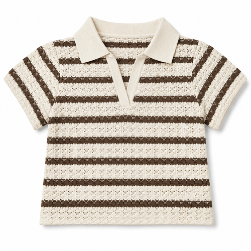 Shop this adorable baby boys’ cream and brown striped polo shirt featuring textured fabric, a classic collar, and short sleeves. Perfect for everyday wear, outings, and casual occasions.