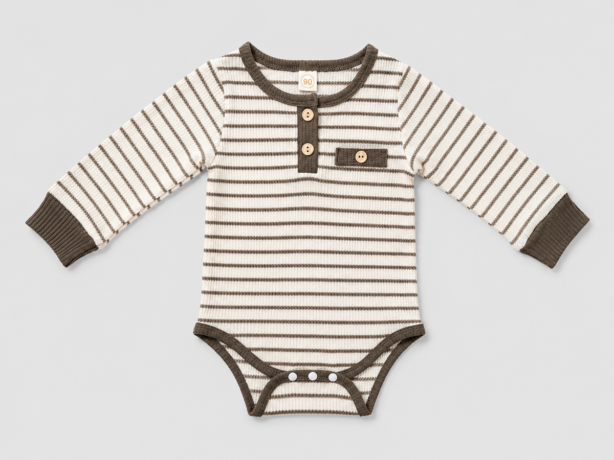 Shop this adorable baby boys’ cream and brown striped long-sleeve bodysuit featuring contrast trim, ribbed cuffs, a button-front detail, and convenient bottom snaps. Perfect for everyday wear and layering.