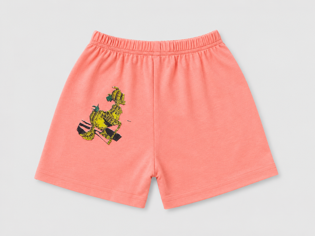 Shop these fun kids’ coral shorts featuring a colorful yellow dinosaur graphic and comfortable elastic waistband. Perfect for summer, playtime, casual outings, and everyday wear.