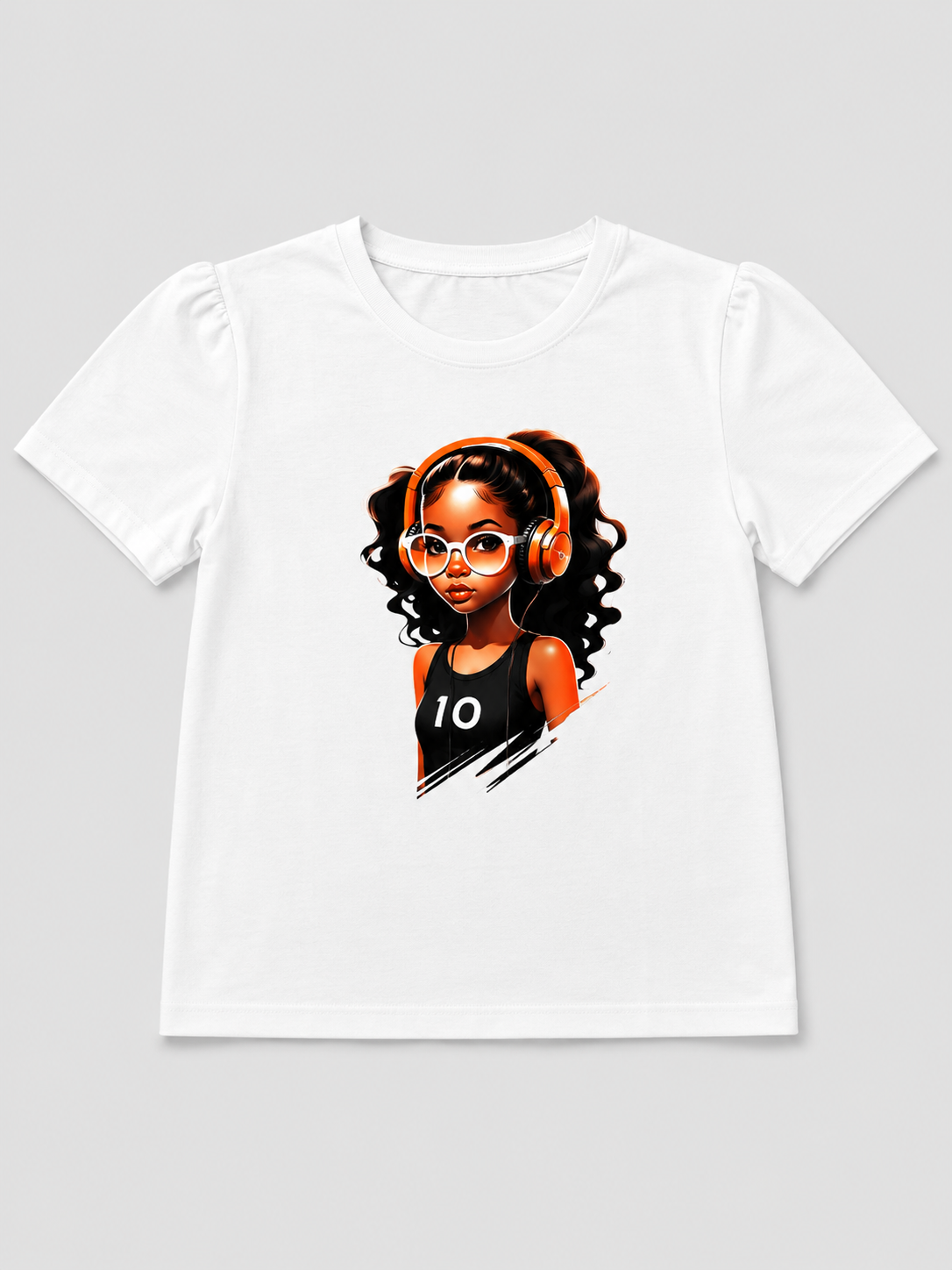 Shop this stylish girls’ white graphic T-shirt featuring a sporty girl wearing headphones and a black basketball-style jersey with the number 10. Perfect for everyday and casual wear.