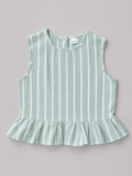 Shop this sage green and white striped girls blouse featuring a sleeveless design, gathered ruffle hem, and natural-tone back buttons. A fresh and versatile top for everyday wear, school, vacations, and special outings.