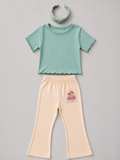 Shop this sage green and white striped girls blouse featuring a sleeveless design, gathered ruffle hem, and natural-tone back buttons. A fresh and versatile top for everyday wear, school, vacations, and special outings.