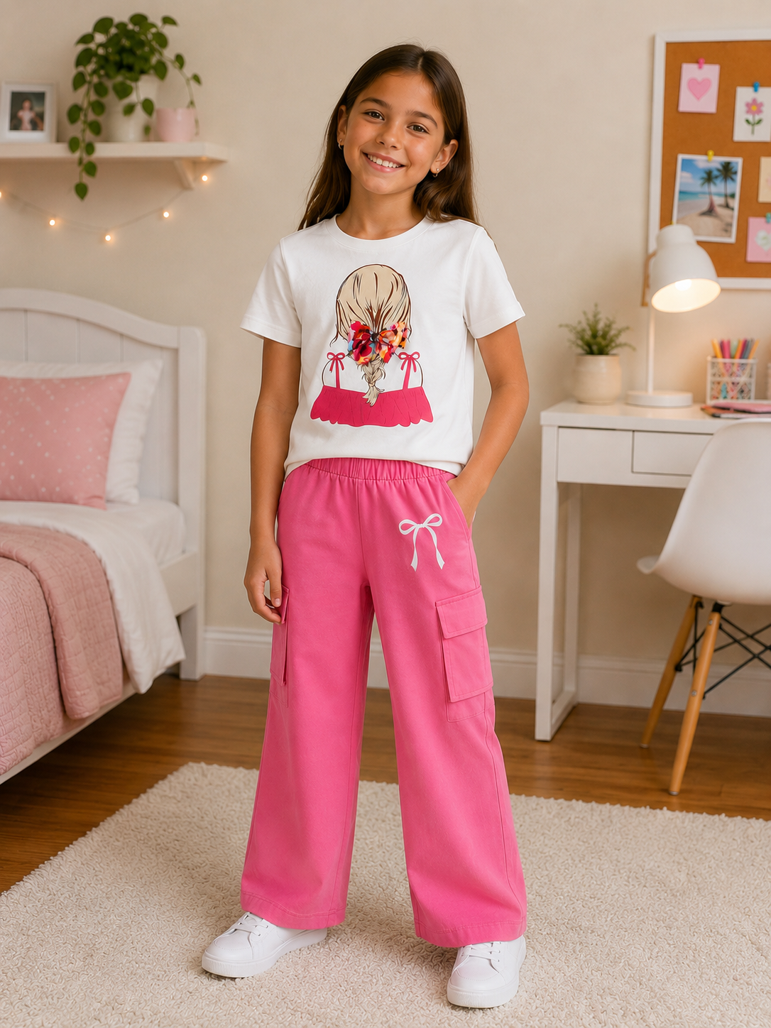Shop this stylish girls two-piece outfit featuring a white girl-and-bow graphic T-shirt with vibrant pink wide-leg cargo pants. A colorful, fashionable set for school, outings, and everyday wear.