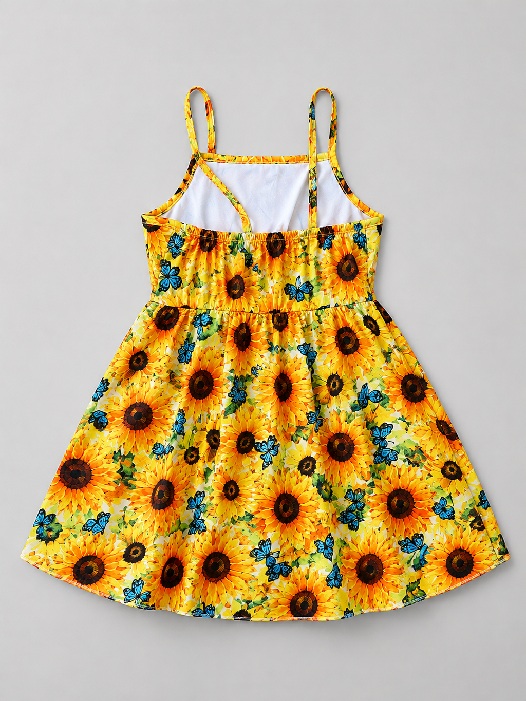 Shop this adorable sunflower and blue butterfly girls dress featuring a vibrant floral print, colorful butterflies, fitted bodice, and flowing skirt. Perfect for summer days, parties, and special occasions.