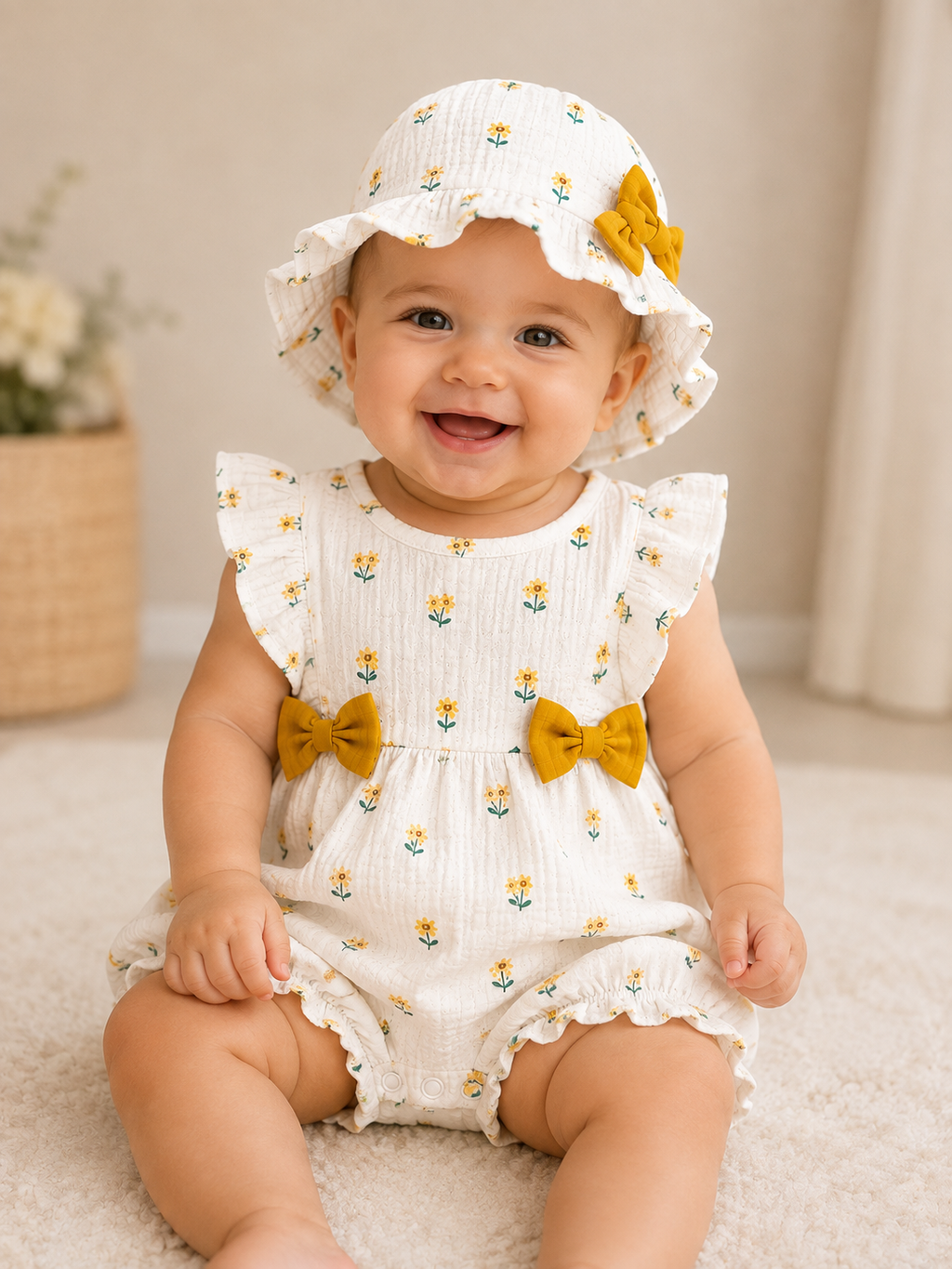 A smiling baby wearing a white cotton gauze romper and matching sun hat with yellow floral prints and mustard yellow bow accents.