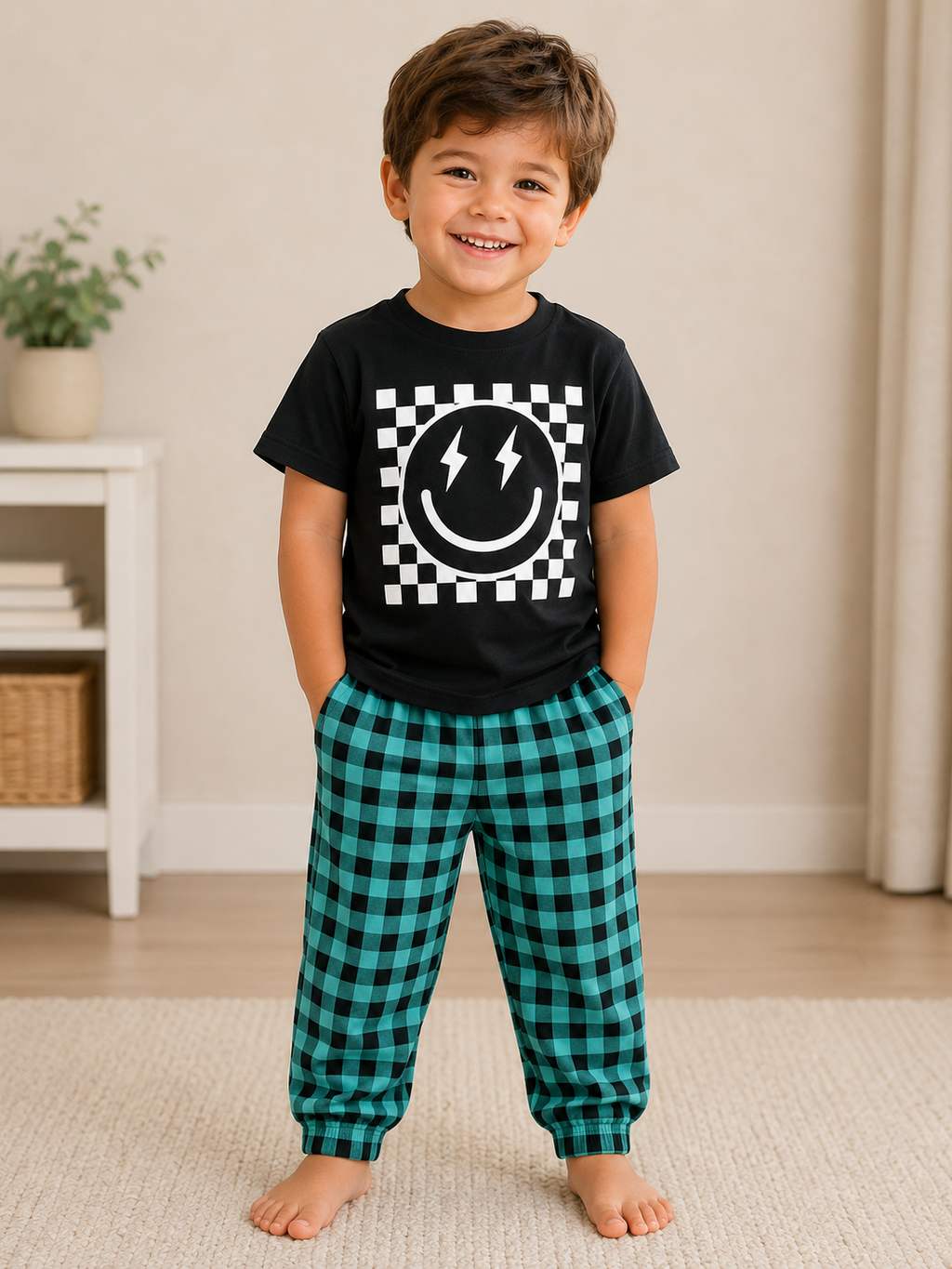 Shop this cool boys’ two-piece outfit featuring a black smiley face T-shirt with lightning bolts and teal and black checkered jogger pants. Perfect for everyday wear and casual outings.