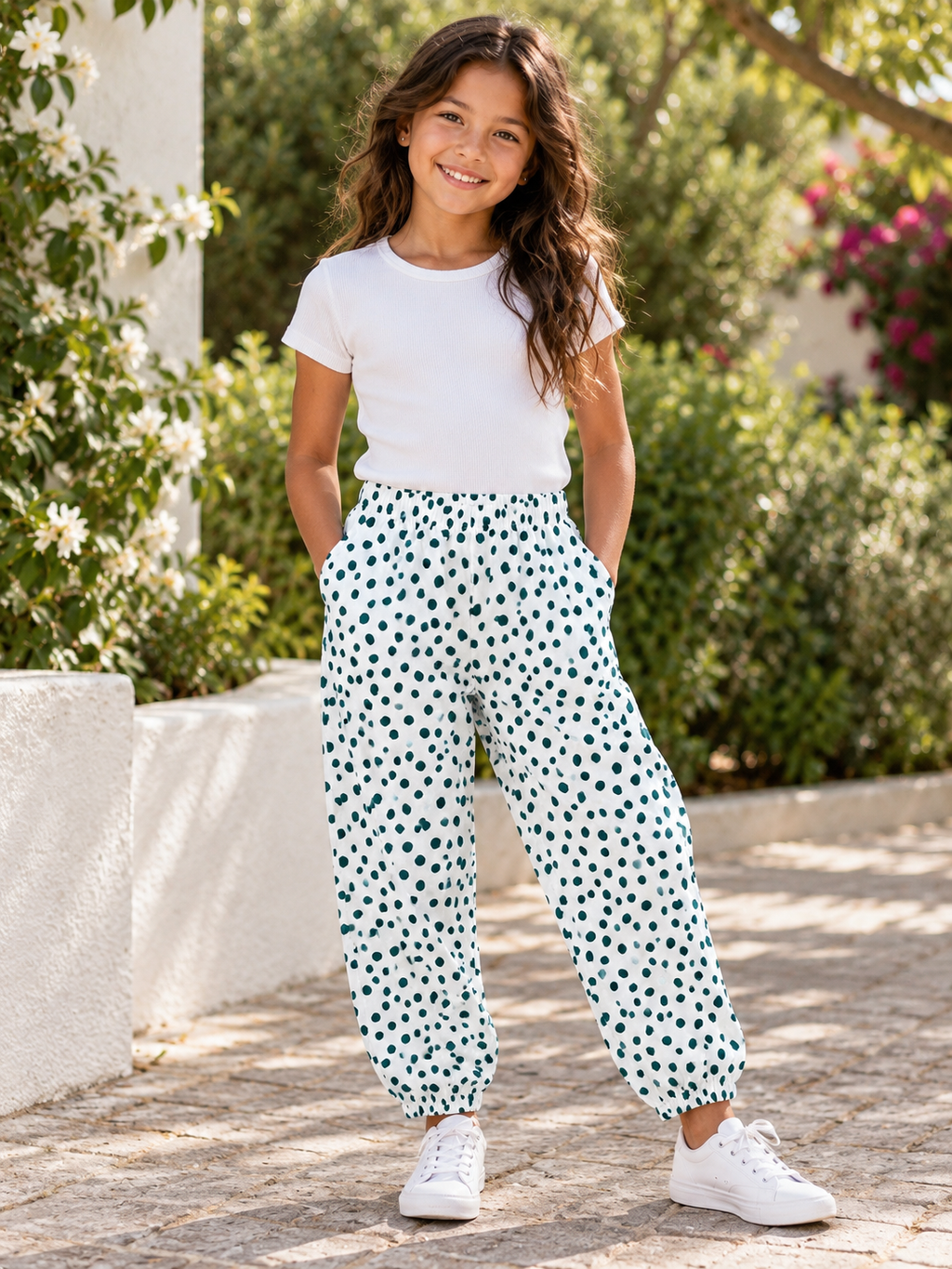 A young girl stands outdoors on a sunlit stone path wearing loose white jogger-style pants with a dark green polka dot pattern, a white short-sleeve T-shirt, and white sneakers.