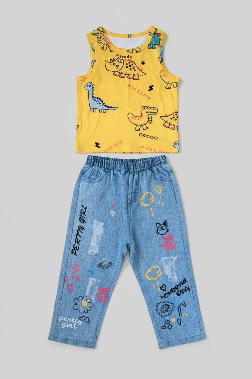Fun boys 2-piece dinosaur outfit featuring a colorful sleeveless dinosaur tank top and soft faux denim jogger pants. Comfortable boutique clothing perfect for everyday adventures and play.