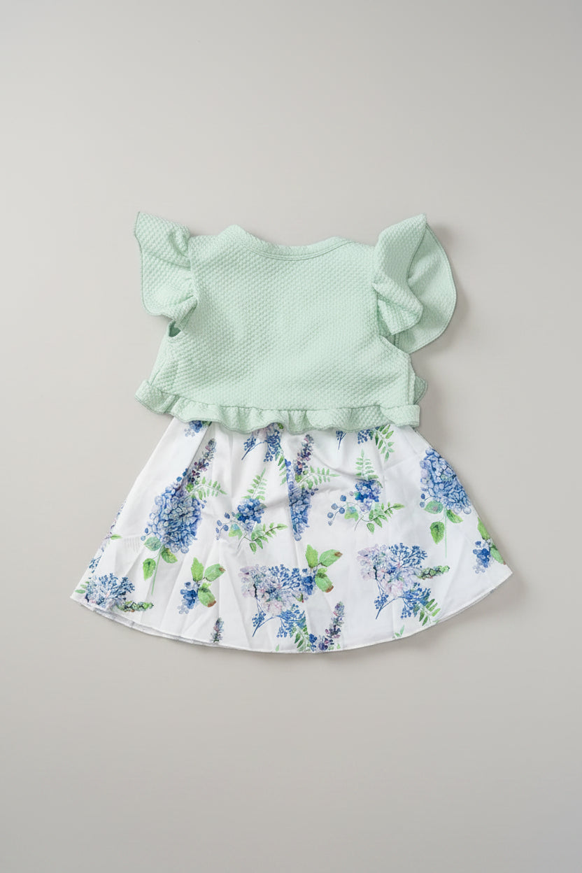 Back side of an Elegant girls hydrangea floral dress with a textured mint green ruffle shrug. A boutique-style two-piece outfit perfect for Easter, weddings, birthdays, family photos, and special occasions.