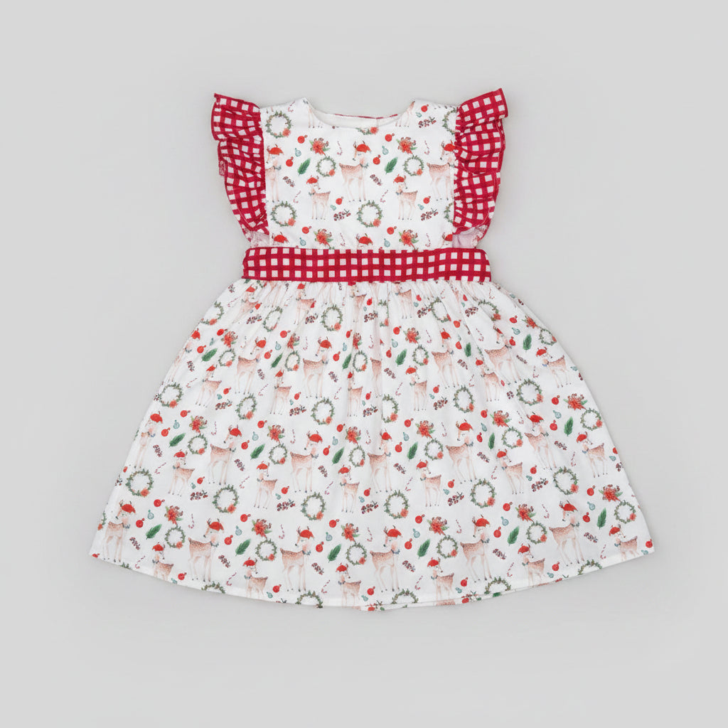 Celebrate the holidays in style with this adorable Christmas Fawn Gingham Flutter Sleeve Dress featuring festive woodland prints, flutter sleeves, and a classic holiday design—perfect for Christmas photos and celebrations.