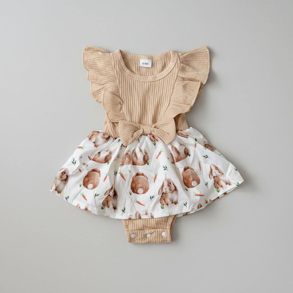 Adorable Baby Girls Bunny Print Dress Romper featuring flutter sleeves, a soft ribbed bodice, bunny print skirt, and built-in romper. Perfect for Easter, spring, birthdays, and everyday boutique style.