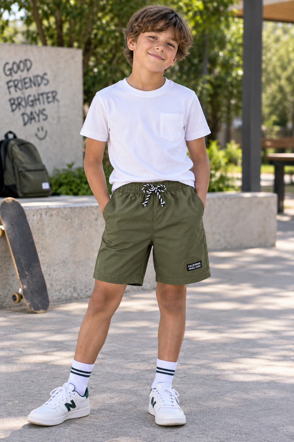 A young boy stands outdoors wearing an olive green drawstring shorts, a white t-shirt, white socks, and white sneakers. The background shows a concrete bench, a skateboard, and green trees.