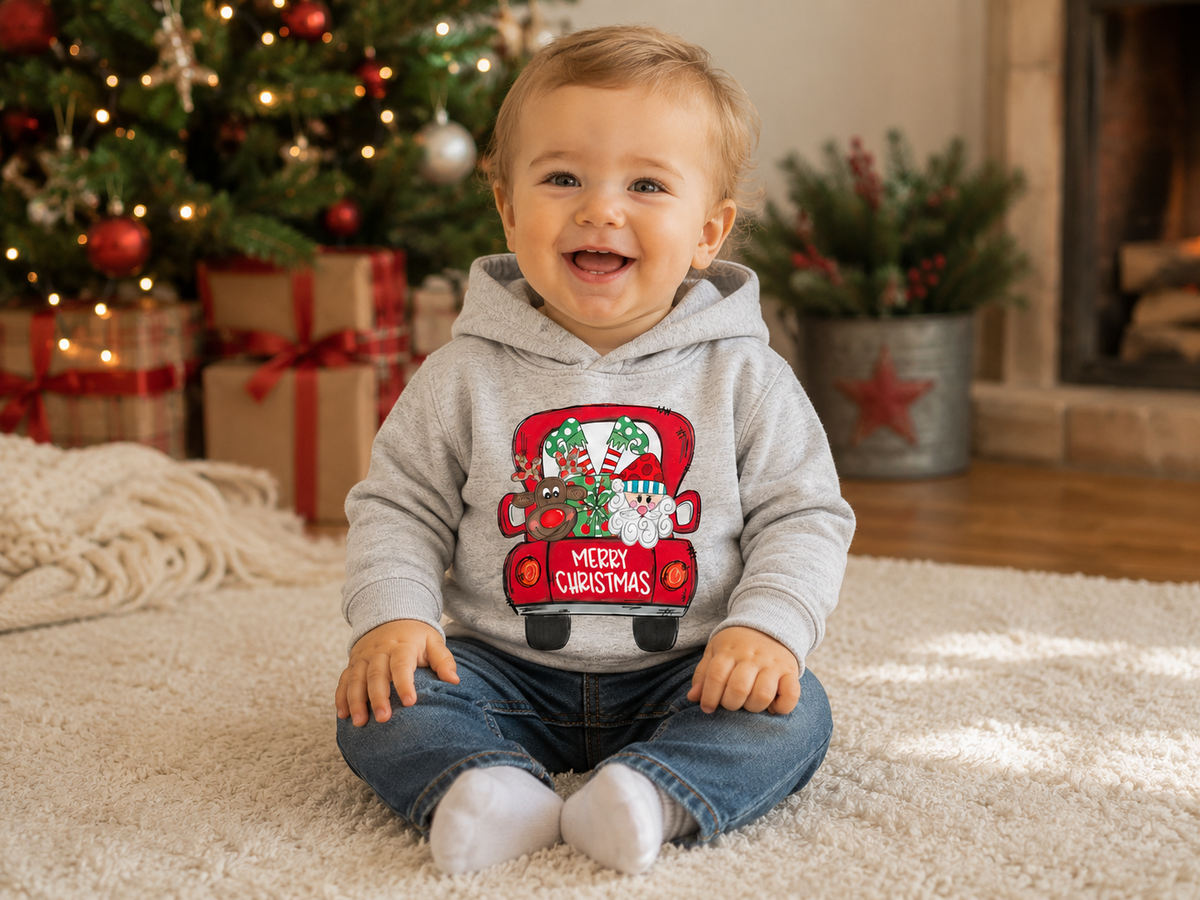 Gray Merry Christmas Santa & Reindeer Kids Hoodie