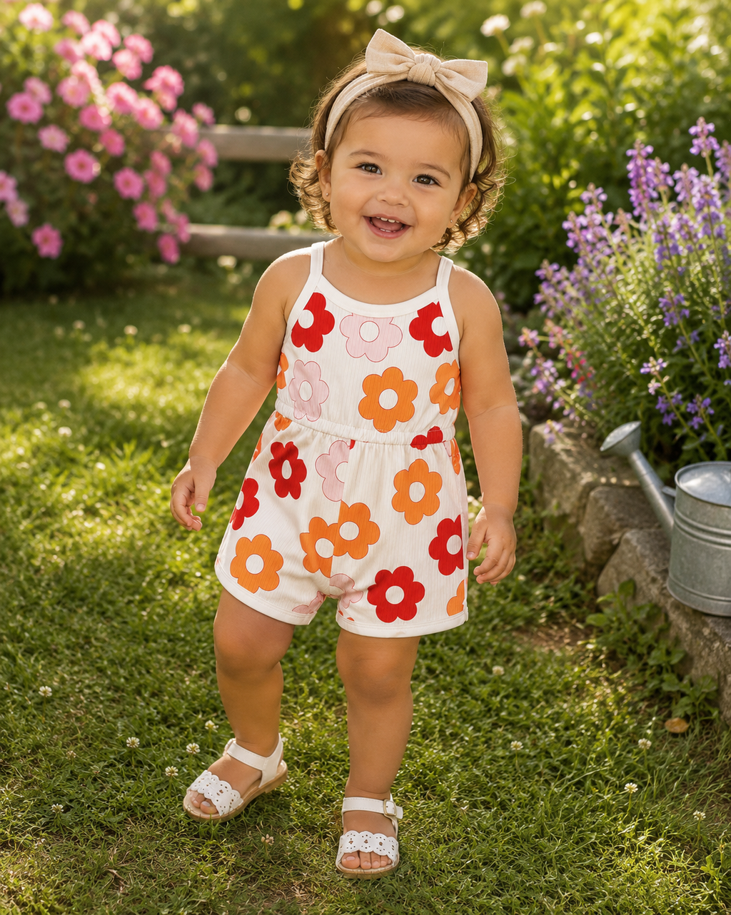 A toddler girl stands on a grassy garden path wearing a white sleeveless romper with large red, orange, and pink flower prints, a cream bow headband, and white sandals.