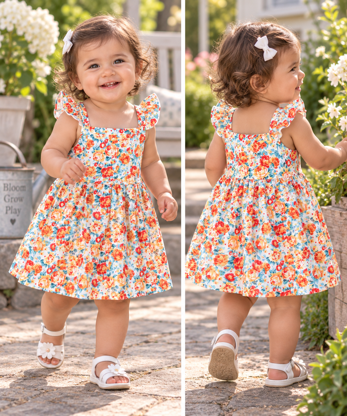 Baby Girls Orange & Blue Floral Ruffle Strap Dress