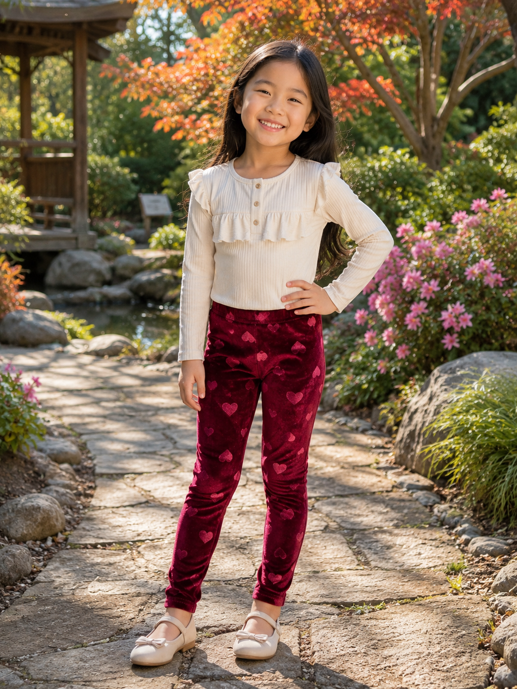 A young girl stands on a stone path in a garden, wearing a cream ruffle-trimmed long-sleeve top and burgundy velvet leggings with a subtle heart pattern, paired with cream ballet flats.