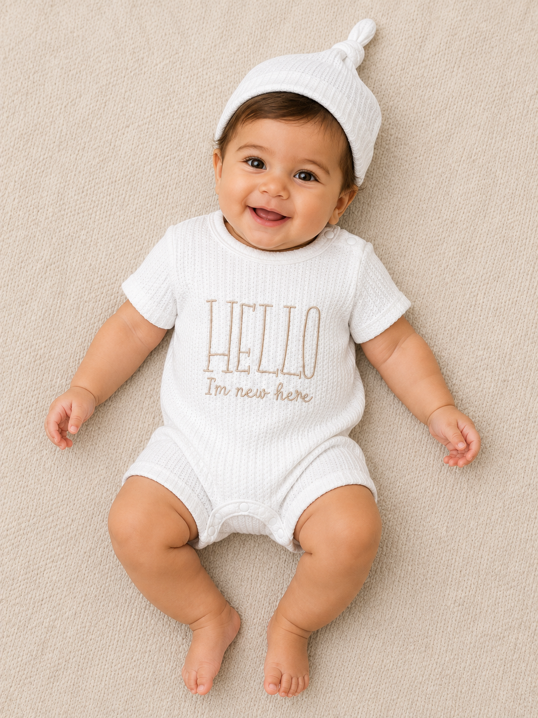 Hello I’m New Here Baby Romper & Knot Hat Set