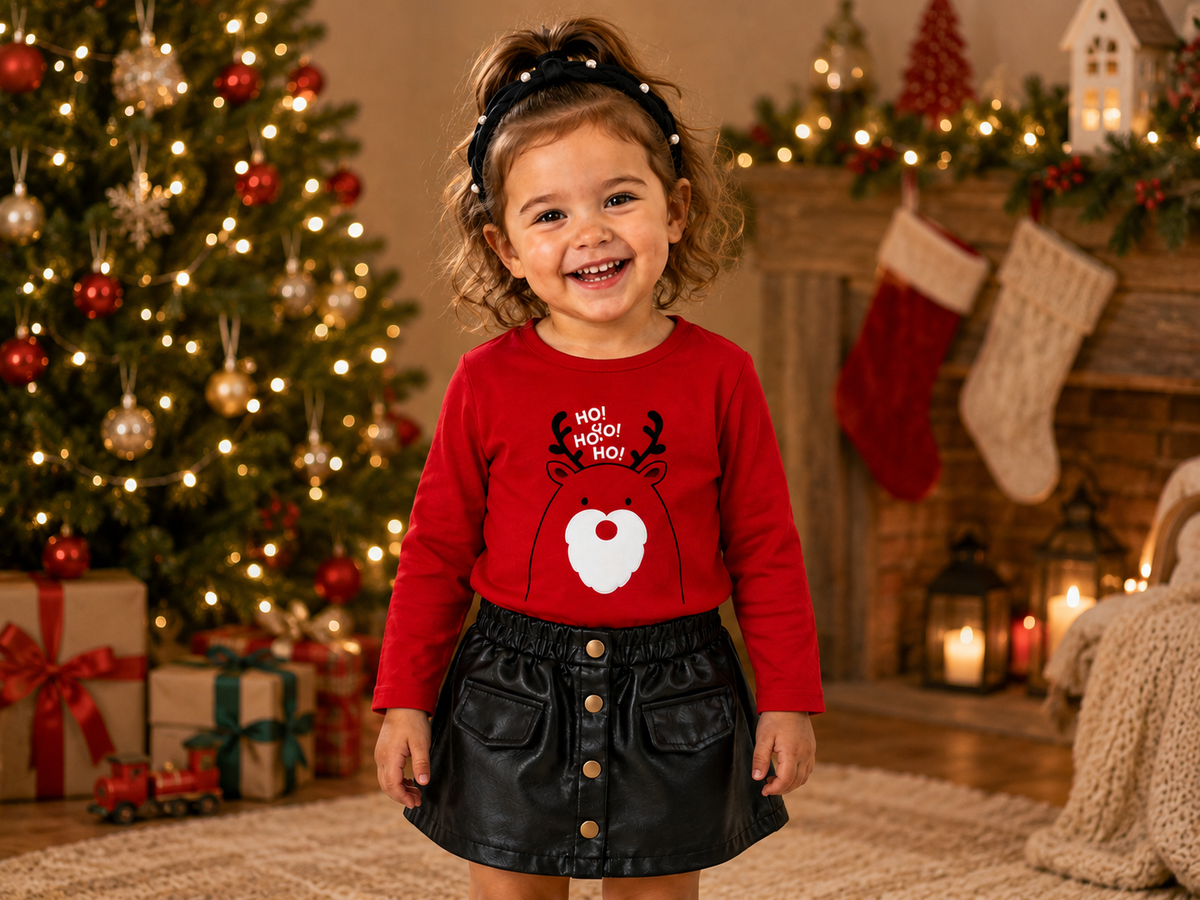Red Reindeer Christmas Top, Black Faux Leather Skirt & Pearl Headband Set