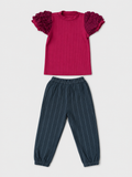 Shop the adorable Berry Pink Ruffle Sleeve Top & Pinstripe Jogger Set for girls. Featuring a textured ruffle-sleeve top and comfortable charcoal pinstripe jogger pants.
