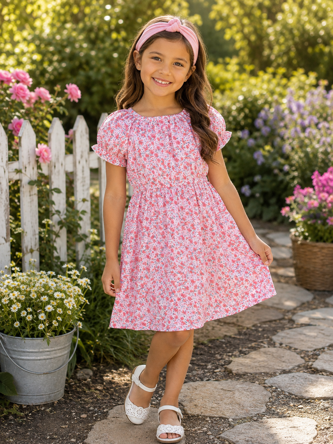A young girl stands on a stone path in a garden wearing a pink and white floral print dress with short flutter sleeves, a gathered waist, and a pink headband.