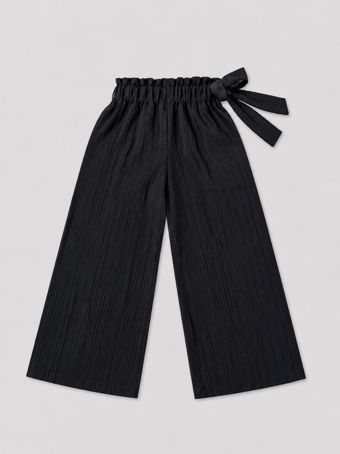 Girls black wide-leg pants with elastic paperbag waist and side tie