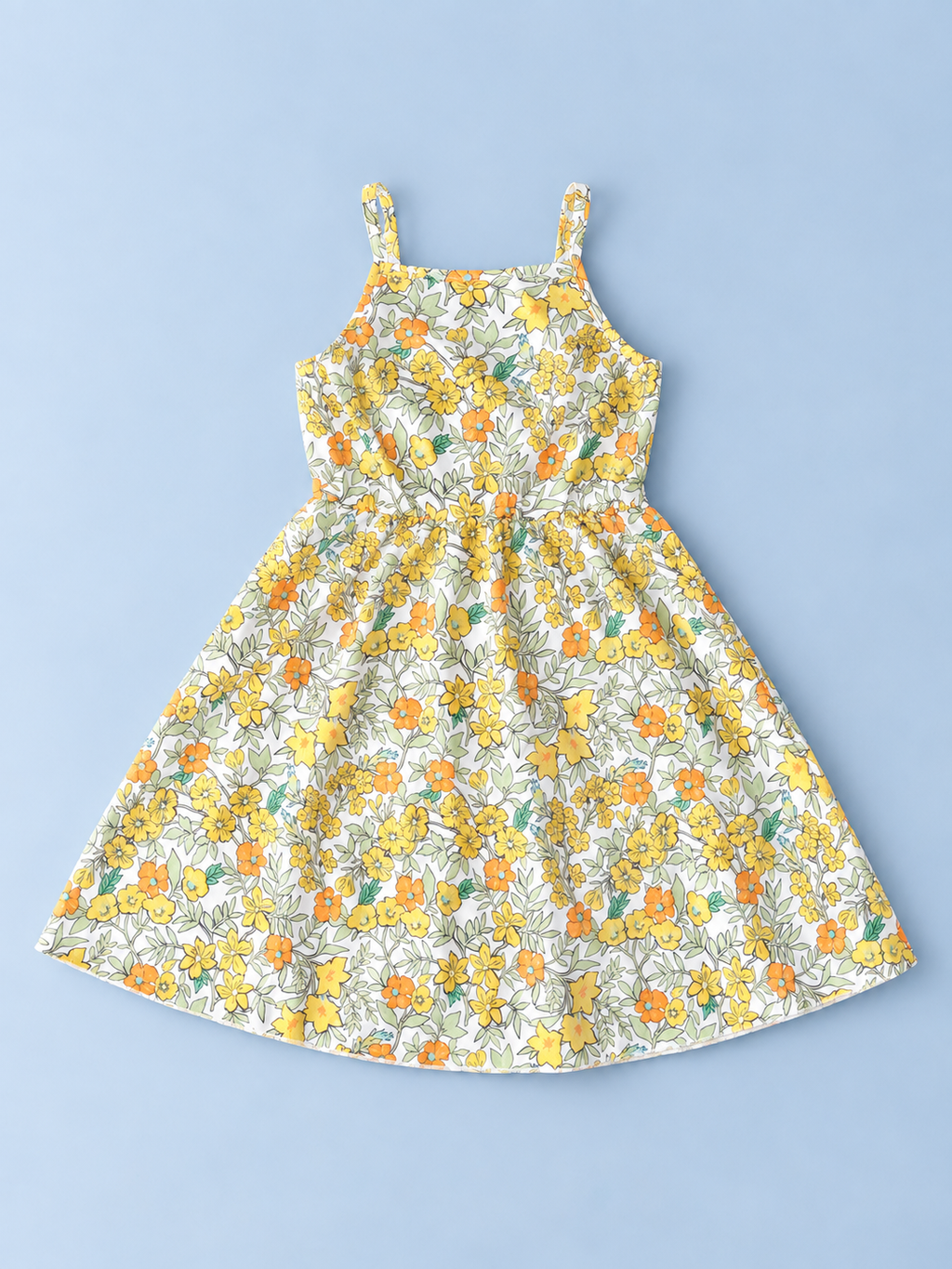 Girls yellow and orange floral sundress with square neckline, shoulder straps, gathered waist, and full skirt