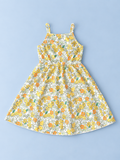 Girls yellow and orange floral sundress with square neckline, shoulder straps, gathered waist, and full skirt