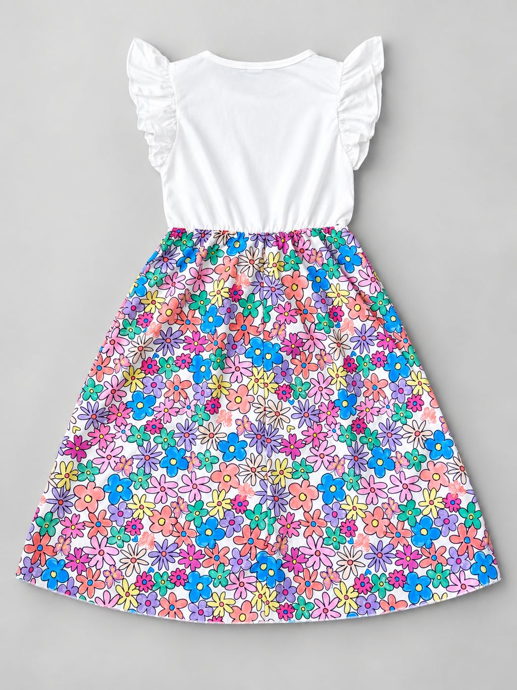 Back view of girls white ruffle sleeve dress with multicolor floral and butterfly print flared skirt