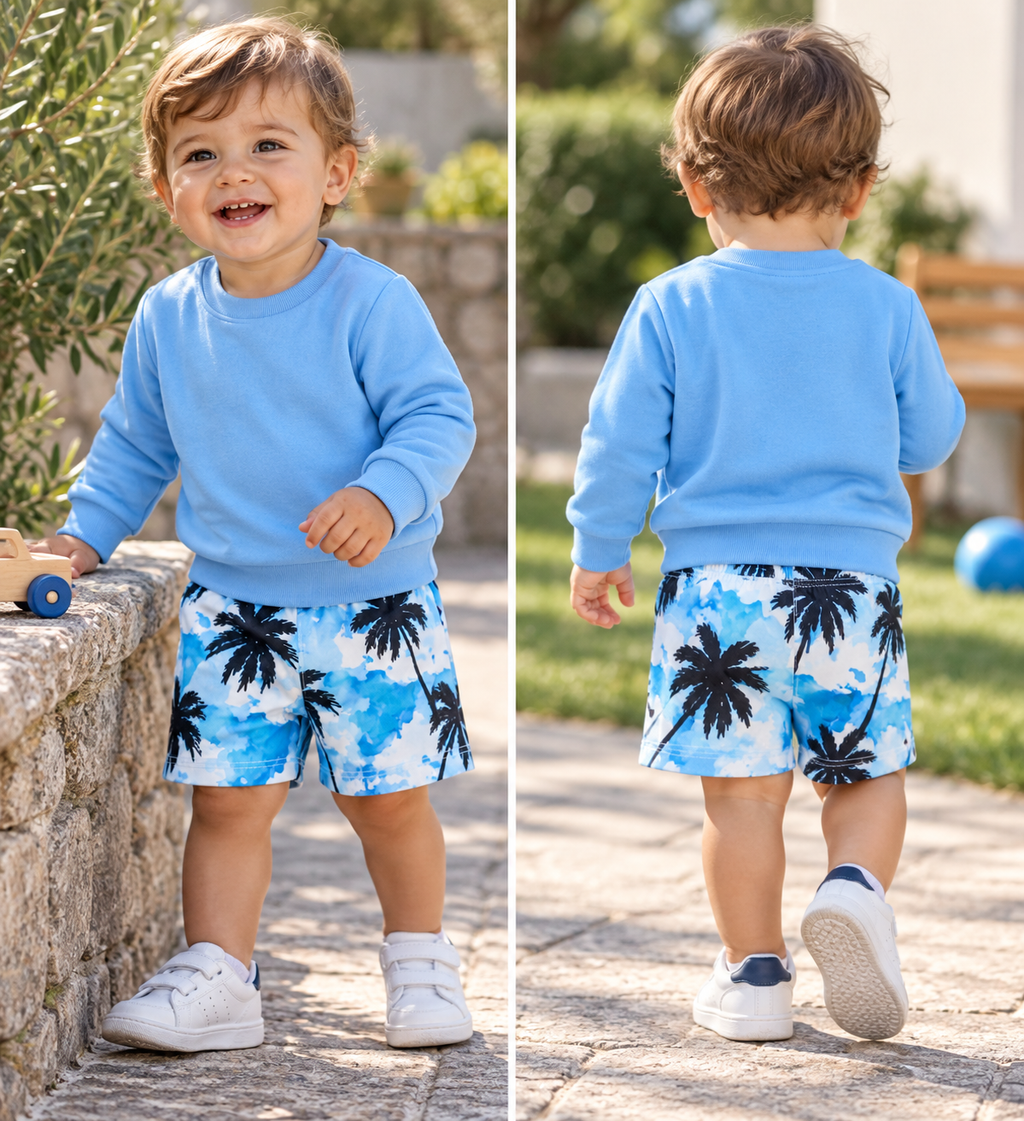 Blue Sweatshirt & Palm Tree Print Shorts Set