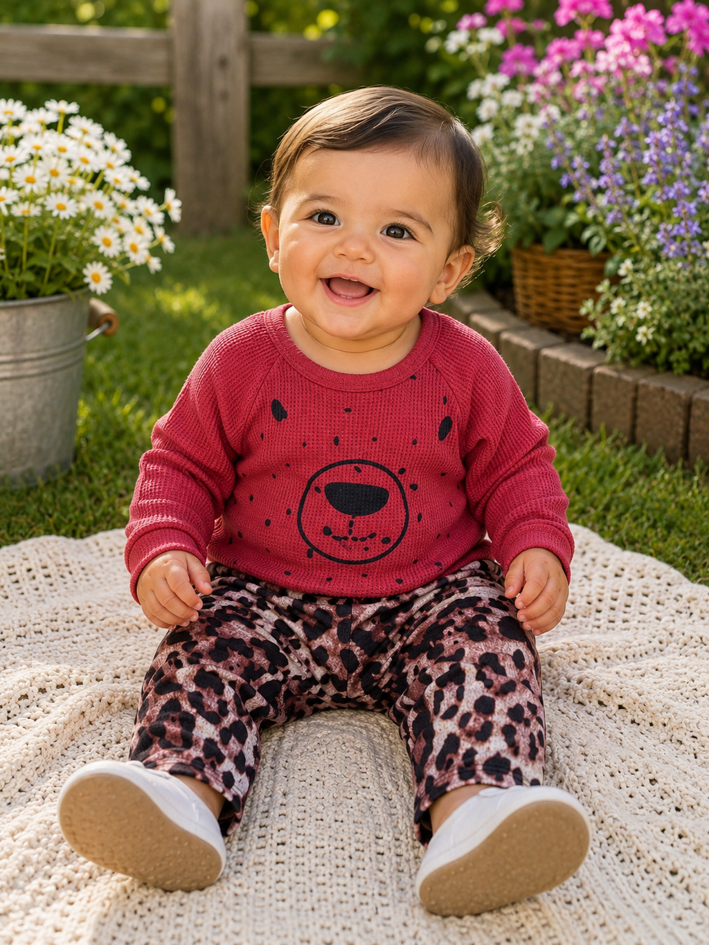 A smiling toddler sitting outdoors on a cream crochet blanket, wearing a dusty rose waffle-knit long-sleeve top with a black bear face graphic and leopard-print pants.