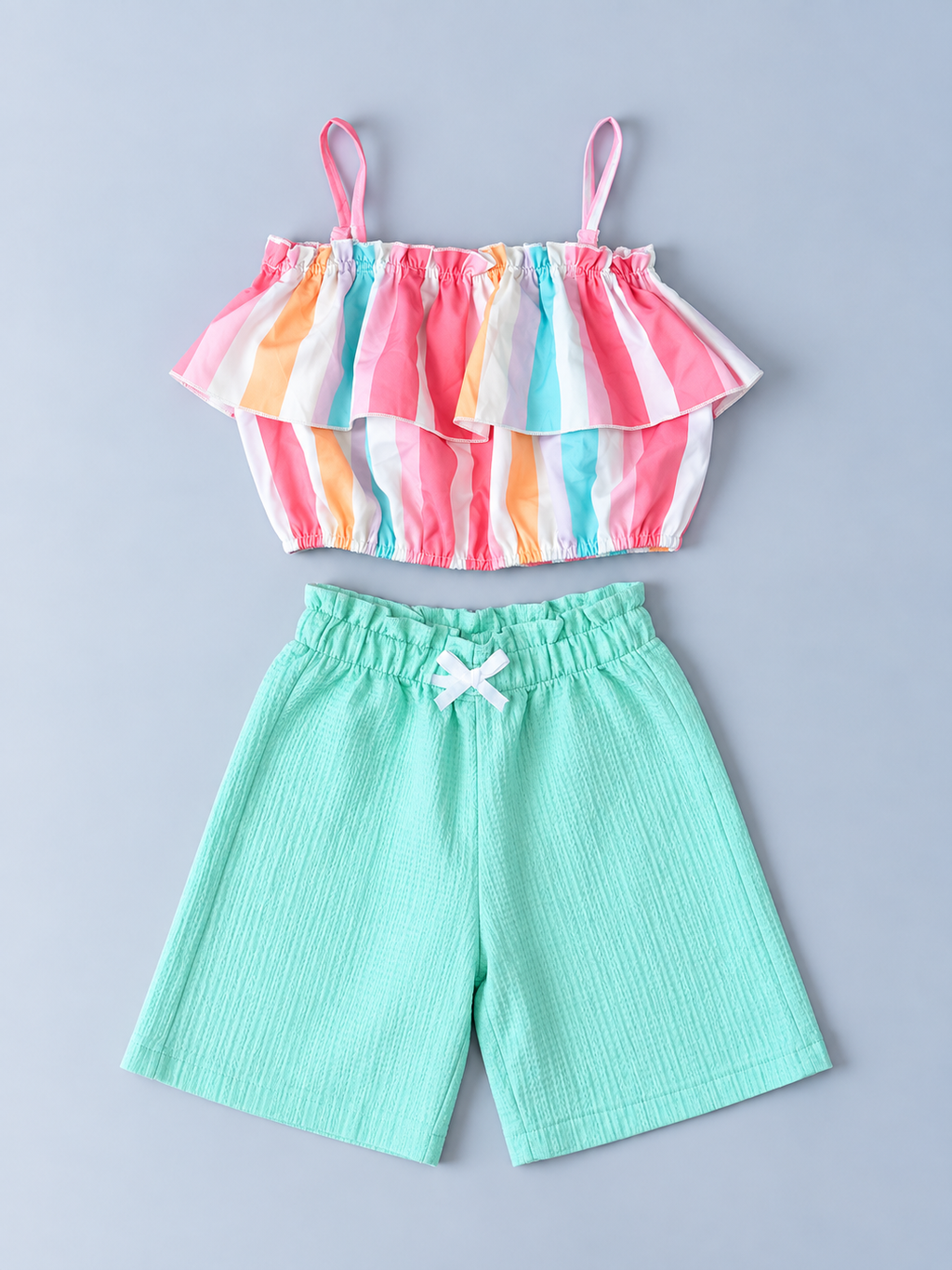 Girls multicolor pastel striped ruffle camisole top with mint green textured shorts two-piece outfit