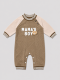 Shop this adorable “Mama’s Boy” baby boy romper featuring a cozy taupe cable knit design, teddy bear detail, cream sleeves, and convenient snap closures. Perfect for everyday wear, photos, or gifting.