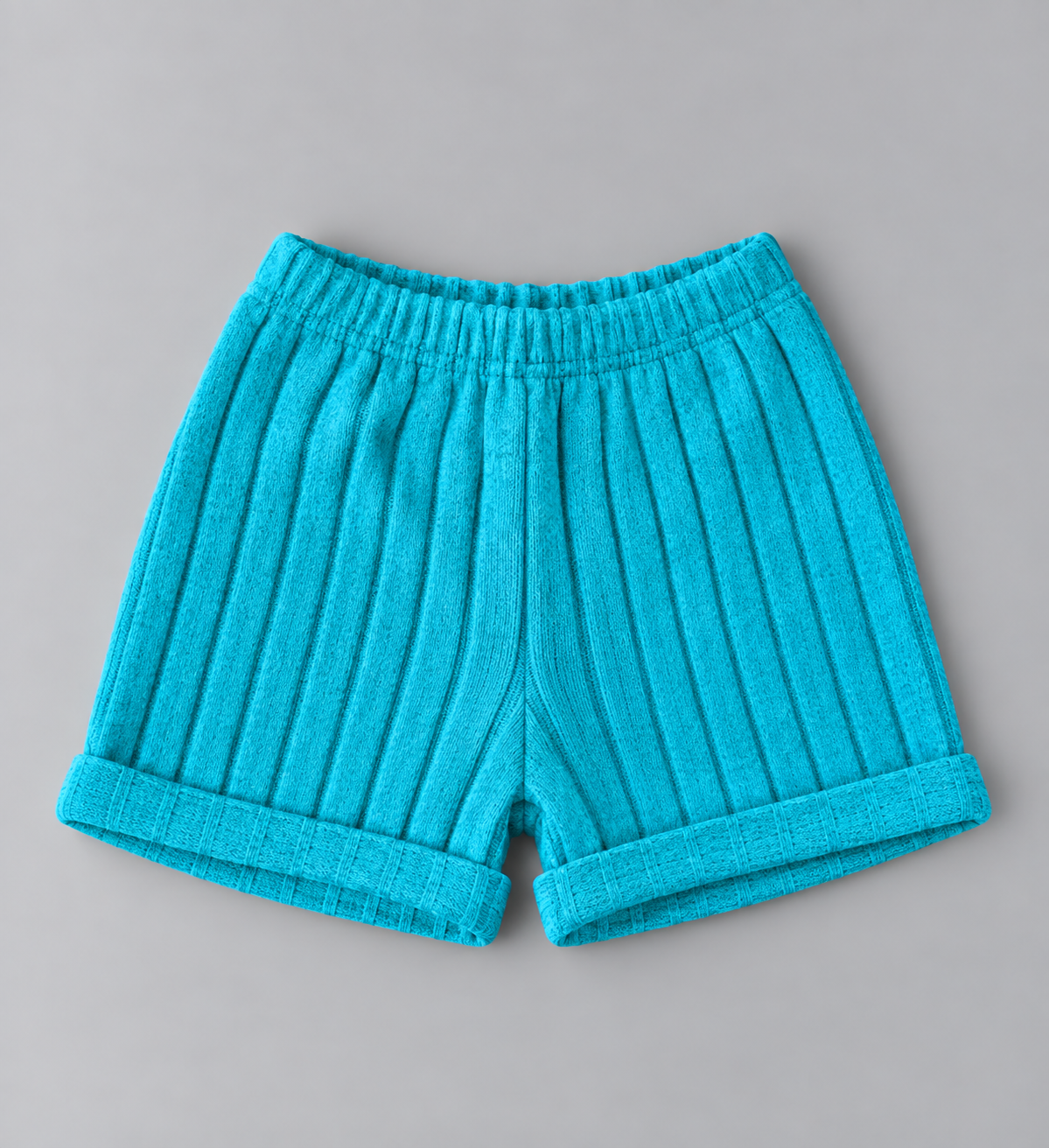 Kids turquoise ribbed knit pull-on shorts with elastic waistband and rolled cuffs