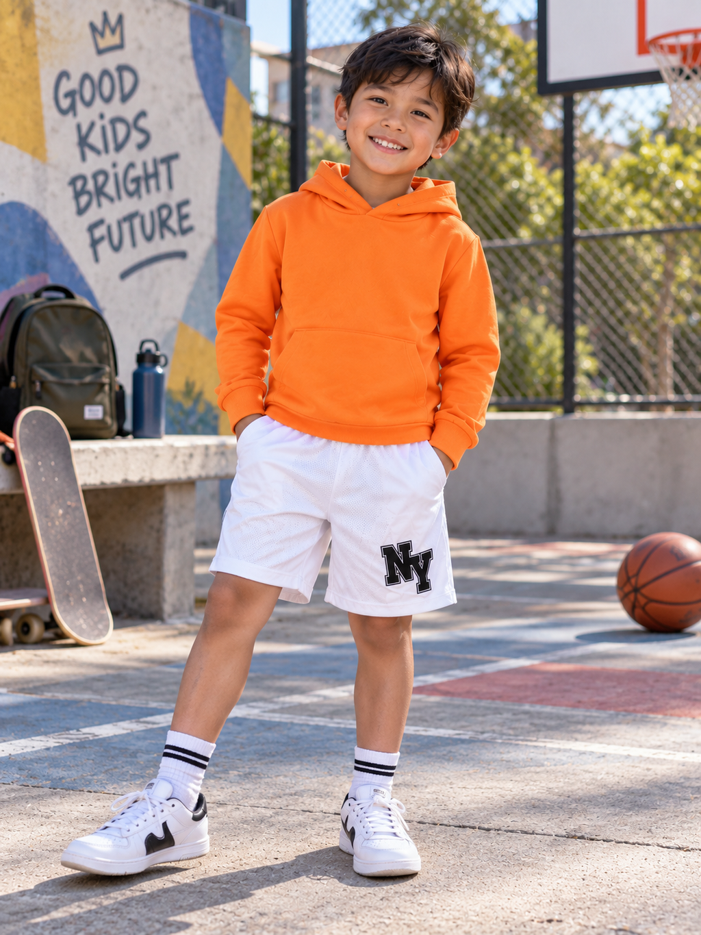 A young boy stands on an outdoor basketball court wearing a bright orange hoodie, white athletic shorts with a black 'NY' logo, white socks, and white sneakers.