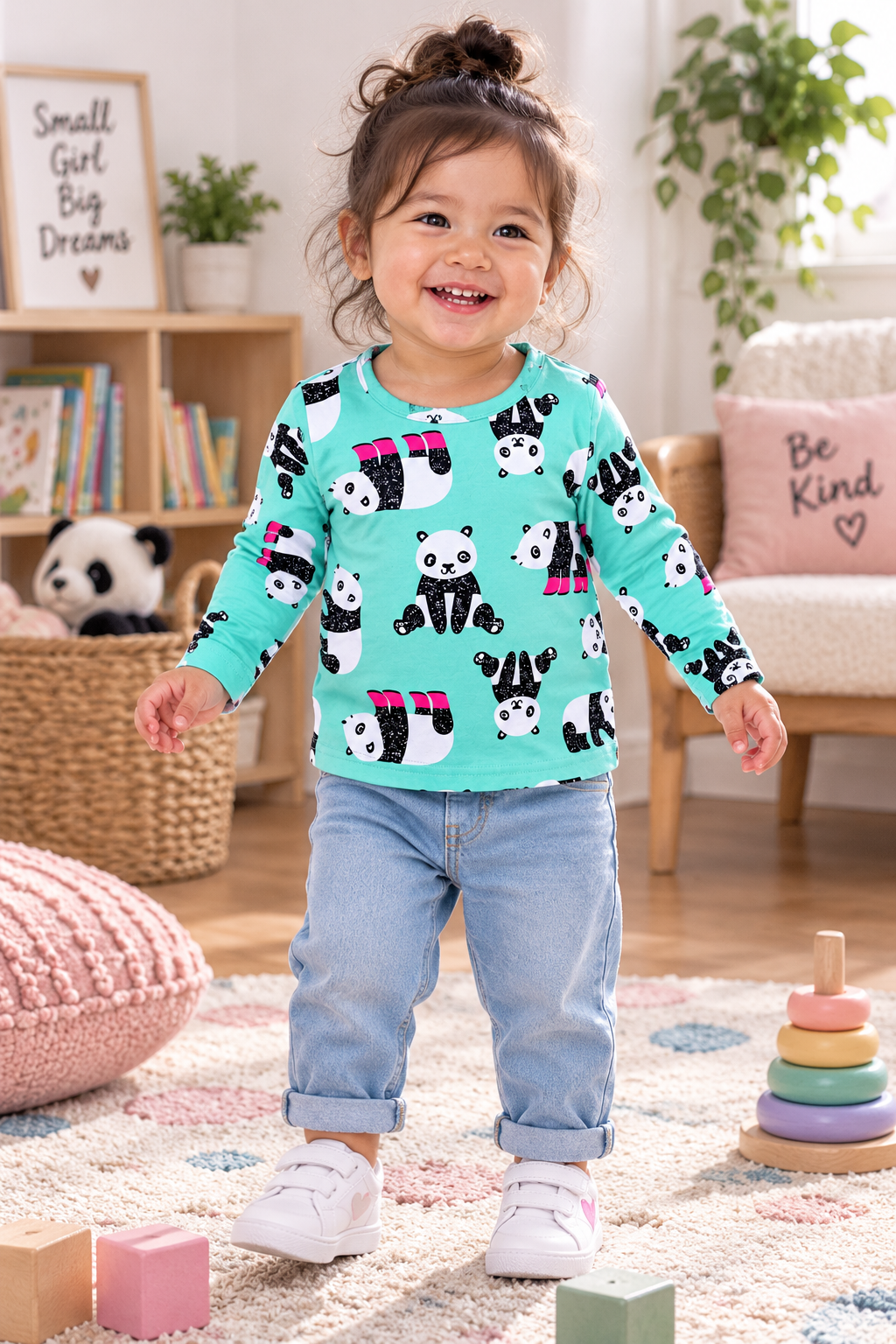 A young toddler girl smiling and walking in a cozy, brightly lit room. She is wearing a turquoise long-sleeve crewneck shirt with a playful black and white panda print, paired with light blue jeans and white sneakers.