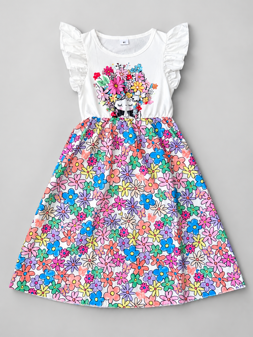 Girls white ruffle sleeve dress with colorful flower girl graphic and multicolor floral flared skirt