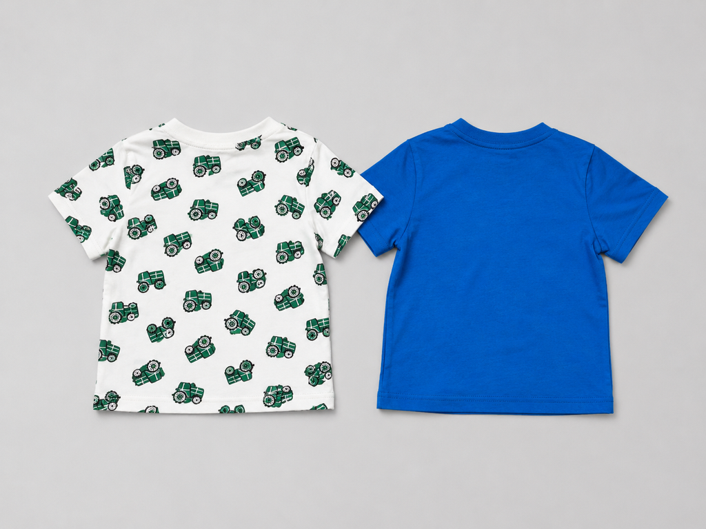 Shop this fun boys' T-shirt set featuring a green tractor print tee and a blue dinosaur “ROAR” graphic tee. Two playful short-sleeve shirts perfect for everyday wear, playtime, and adventures.