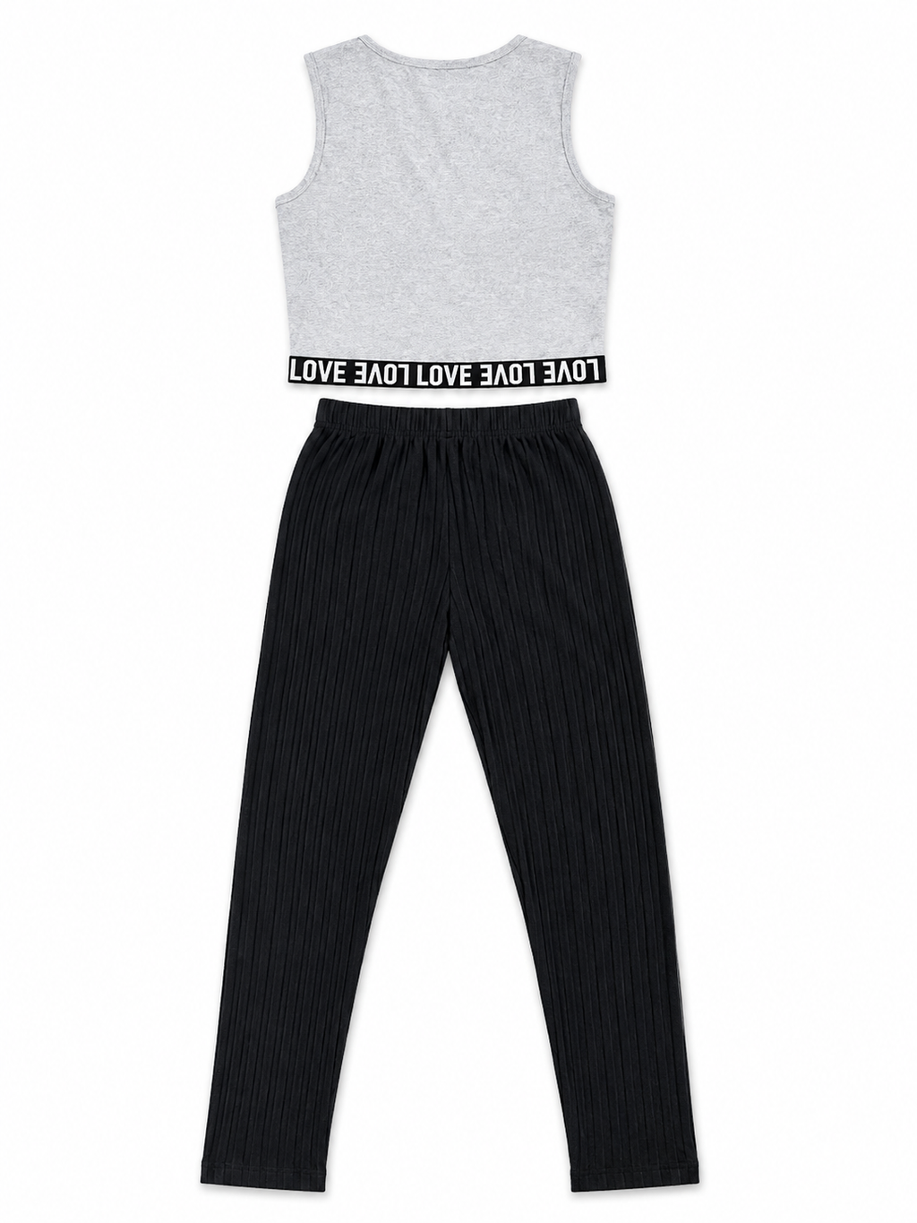 Shop the trendy Gray & Black Love Tank Top & Pleated Pants Set featuring a LOVE detail, sleeveless gray top, and comfortable black pleated pants for girls.