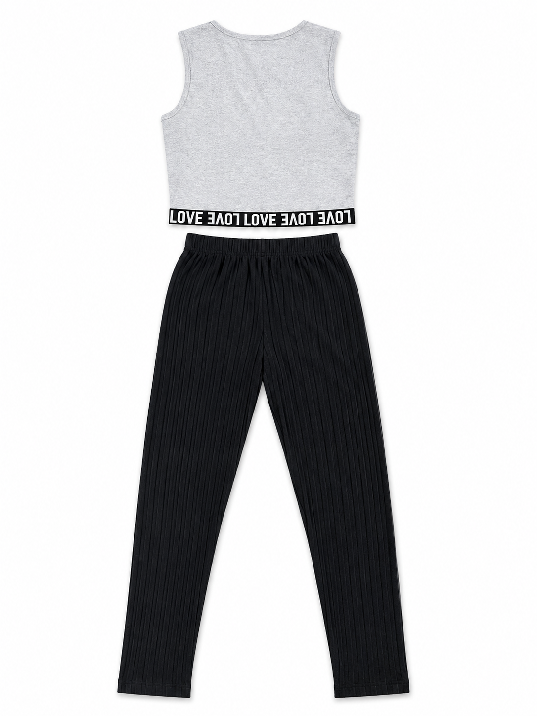 Shop the trendy Gray & Black Love Tank Top & Pleated Pants Set featuring a LOVE detail, sleeveless gray top, and comfortable black pleated pants for girls.