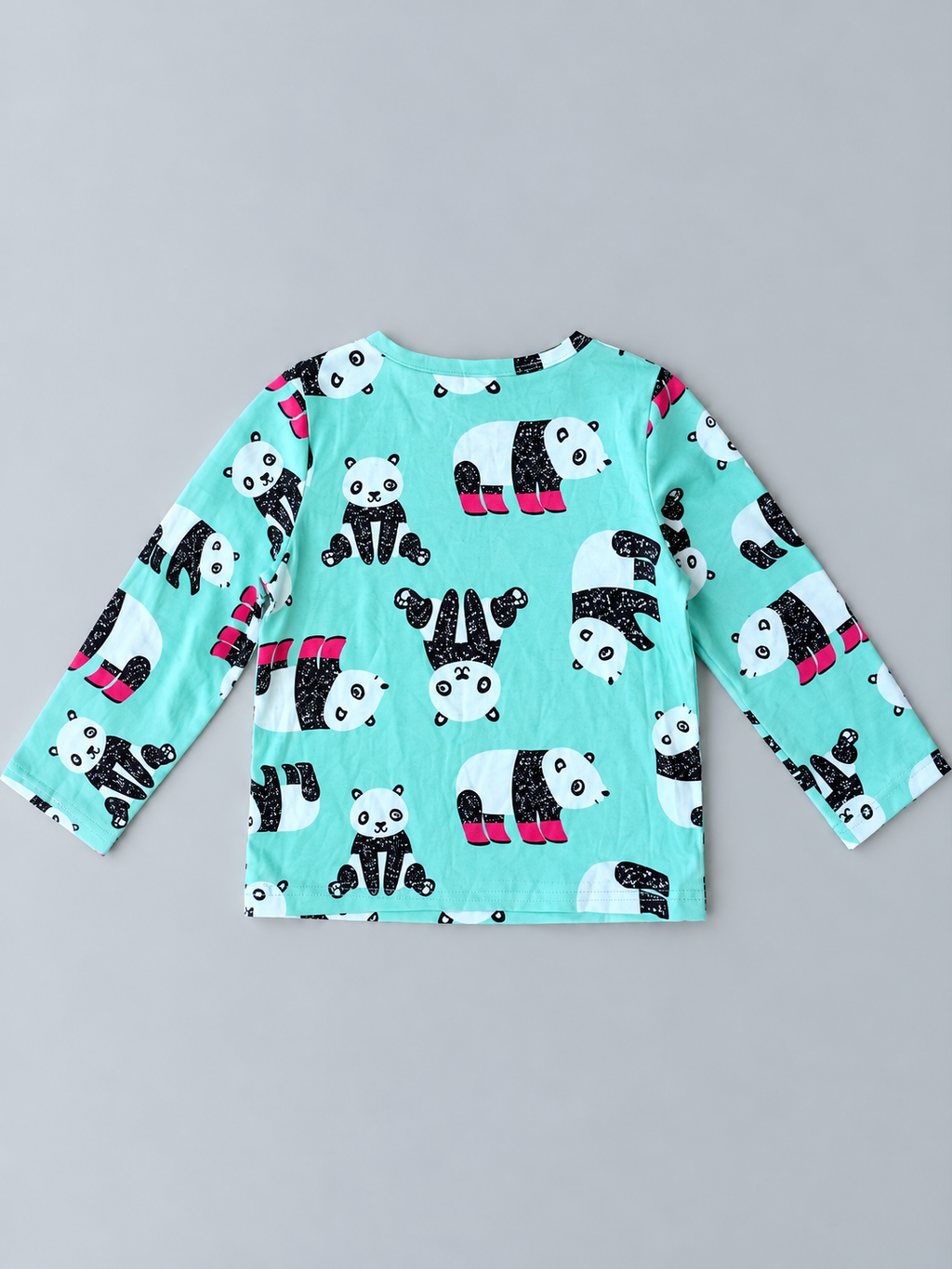 Toddler aqua long-sleeve shirt with allover panda print in black, white, and hot pink