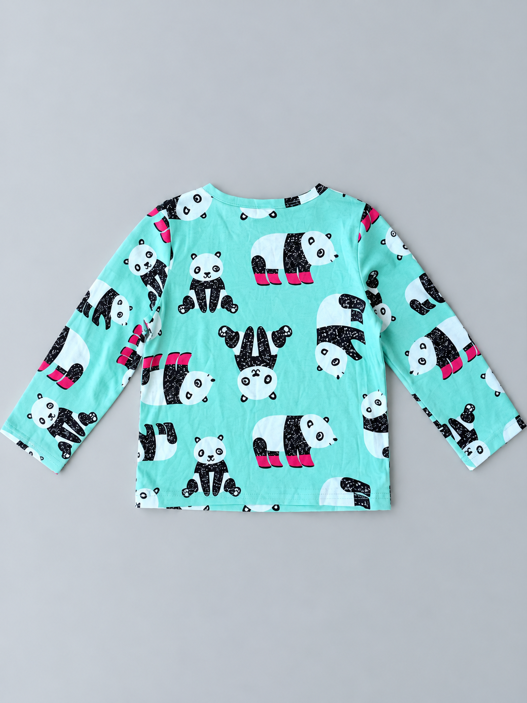 Toddler aqua long-sleeve shirt with allover panda print in black, white, and hot pink