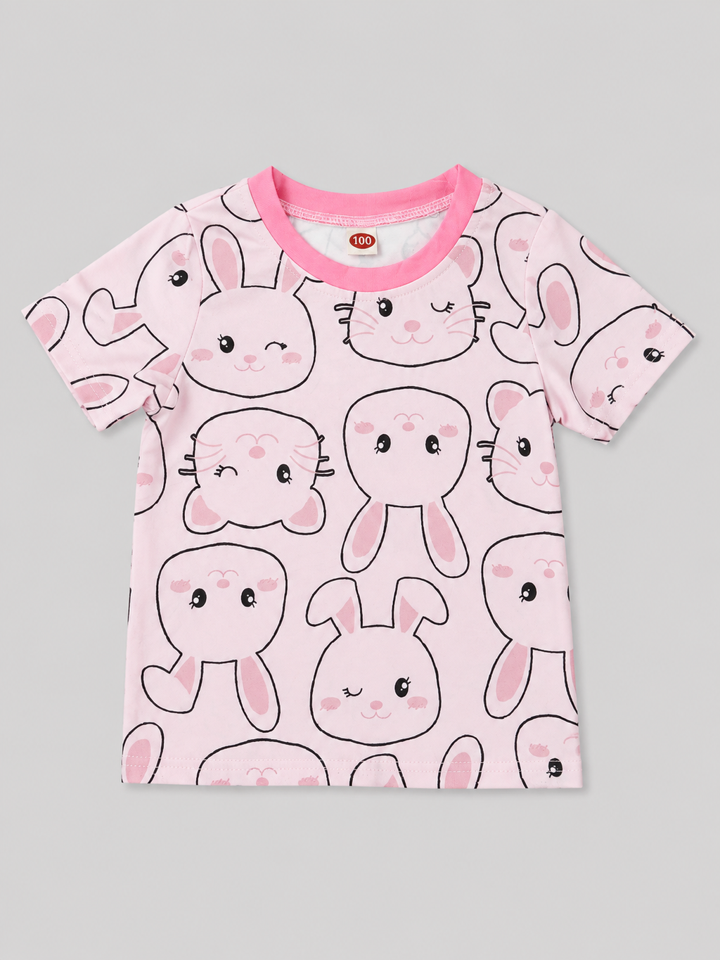 Adorable pink girls' short-sleeve top featuring a cute bunny and kitty print with a pink ribbed neckline. A playful choice for everyday wear, school, playdates, and casual outfits.