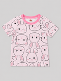 Adorable pink girls' short-sleeve top featuring a cute bunny and kitty print with a pink ribbed neckline. A playful choice for everyday wear, school, playdates, and casual outfits.