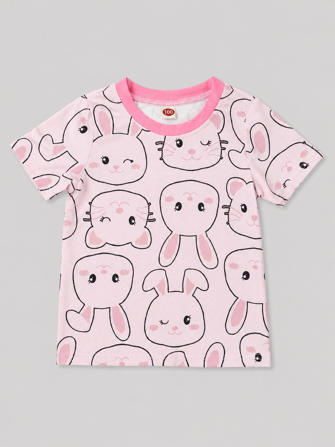 Adorable pink girls' short-sleeve top featuring a cute bunny and kitty print with a pink ribbed neckline. A playful choice for everyday wear, school, playdates, and casual outfits.